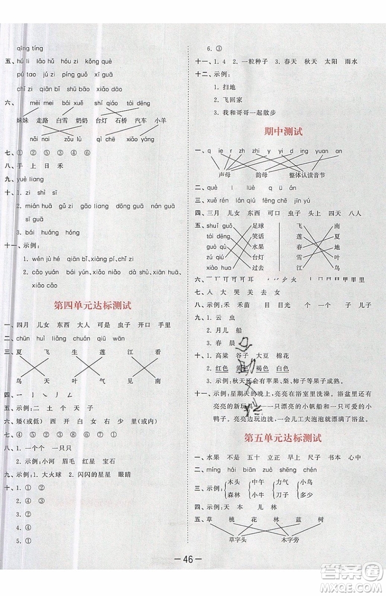 小兒郎2019秋53天天練一年級上冊語文部編人教版RJ參考答案