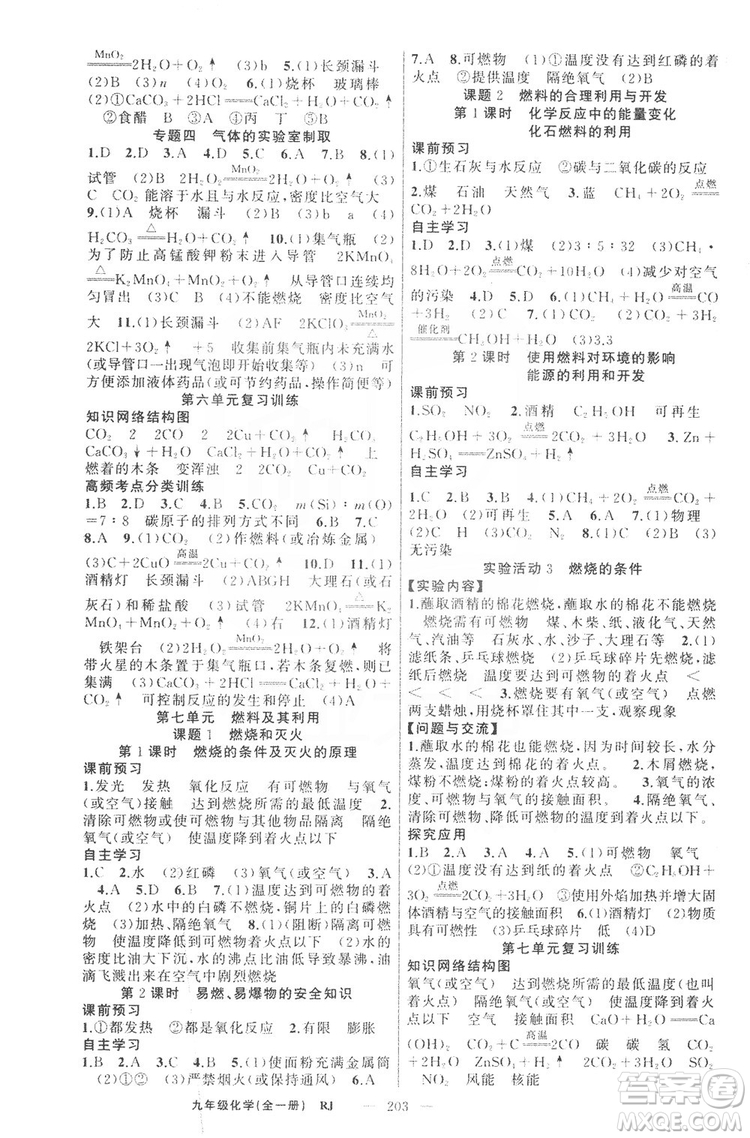 云南美術(shù)出版社2019年學生課程精巧訓練九年級化學上冊人教版答案