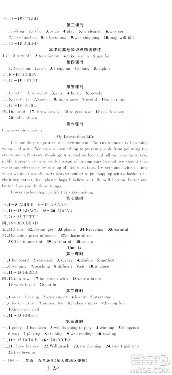 云南美術(shù)出版社2019年學(xué)生課程精巧訓(xùn)練九年級(jí)英語全一冊(cè)人教版答案