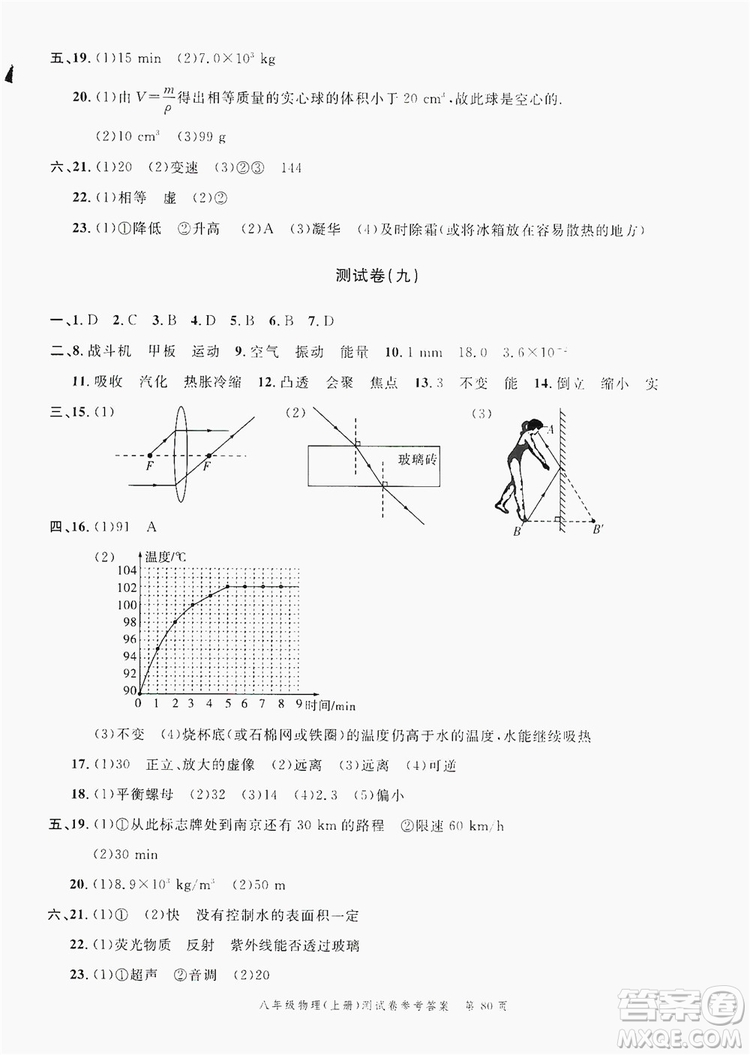 南粵學(xué)典2019年名師金典測試卷8年級(jí)物理上冊人教版答案