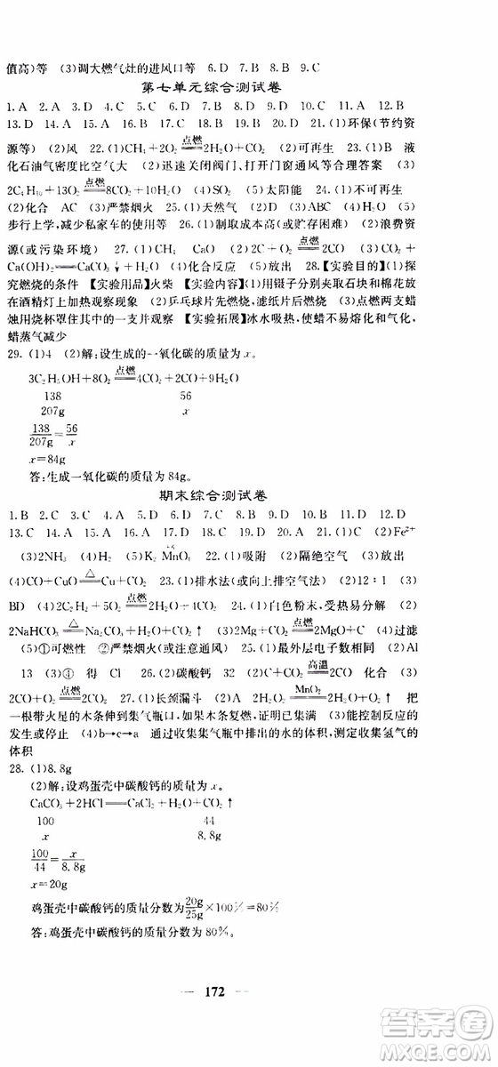 四川大學(xué)出版社2019年課堂點睛化學(xué)九年級上冊人教版參考答案