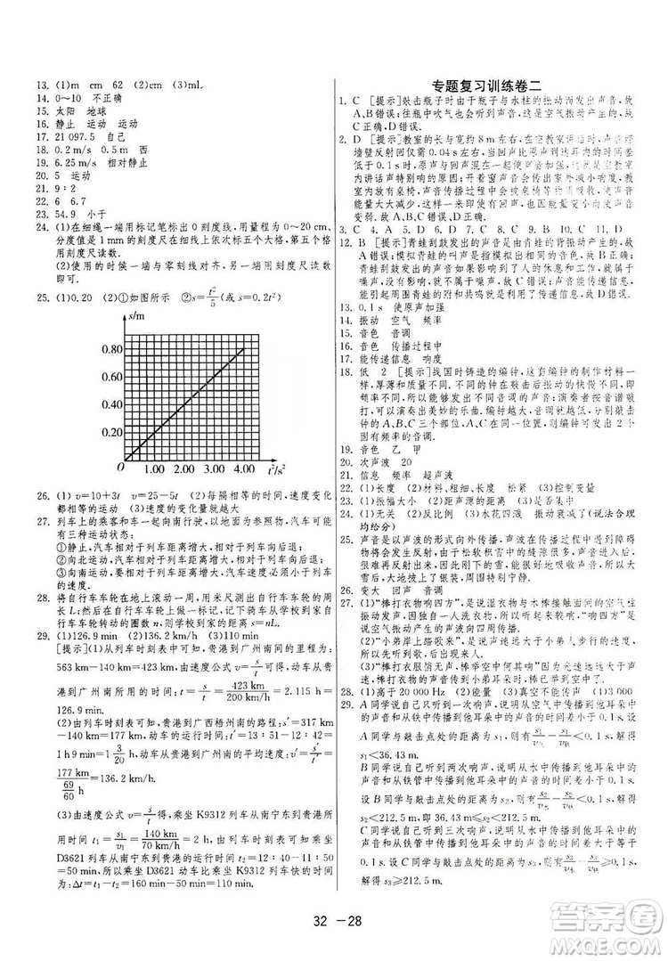 春雨教育2020升級版1課3練單元達(dá)標(biāo)測試八年級上冊物理人教RMJY版答案