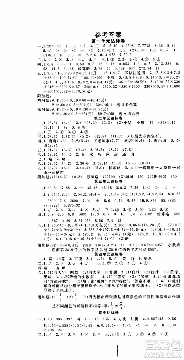 2019年學(xué)生課程精巧訓(xùn)練原創(chuàng)新課堂學(xué)練測數(shù)學(xué)五年級上冊RJ人教版參考答案