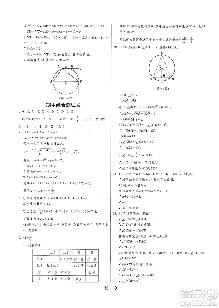 春雨教育2020升級版1課3練單元達(dá)標(biāo)測試九年級數(shù)學(xué)江蘇版JSJY答案