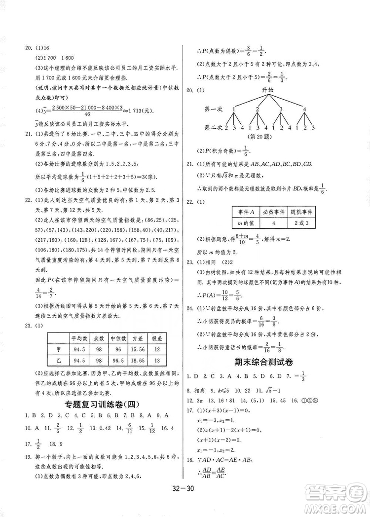 春雨教育2020升級版1課3練單元達(dá)標(biāo)測試九年級數(shù)學(xué)江蘇版JSJY答案