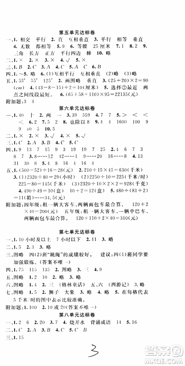 2019年學生課程精巧訓練原創(chuàng)新課堂學練測數學四年級上冊RJ人教版參考答案