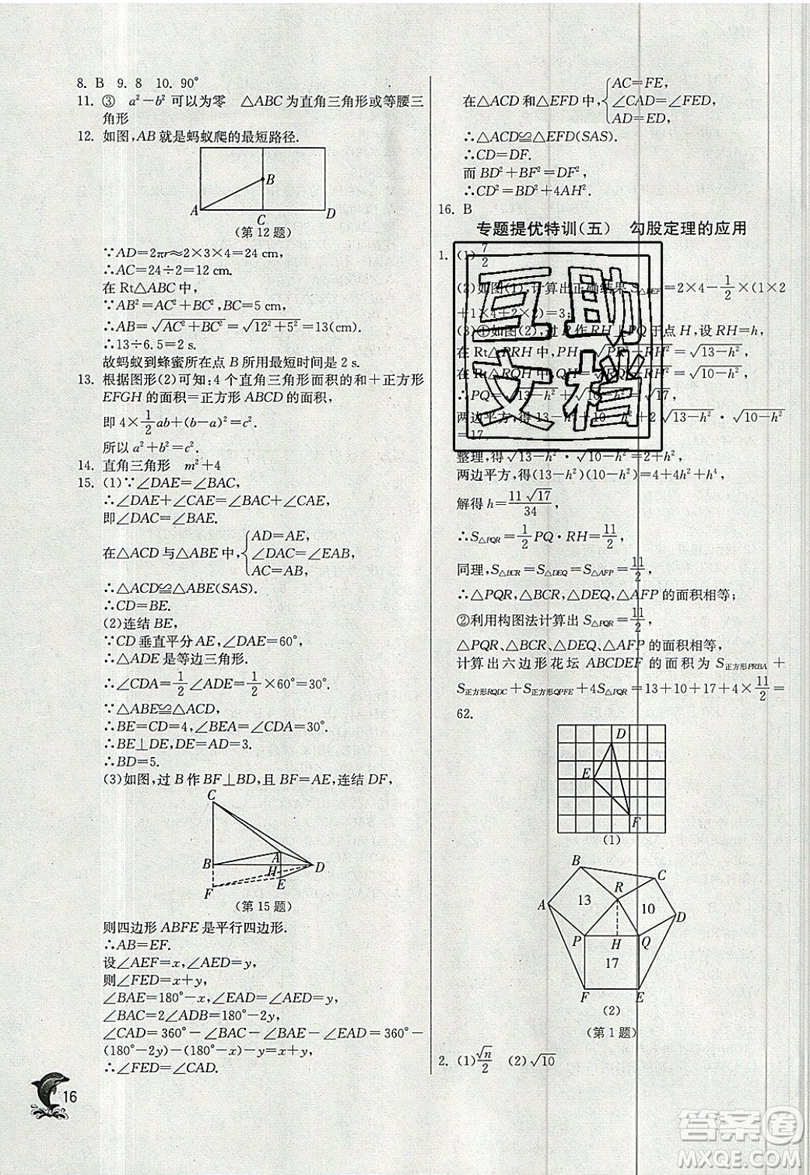 江蘇人民出版社春雨教育2019秋實驗班提優(yōu)訓練八年級數學上冊ZJJY浙教版參考答案