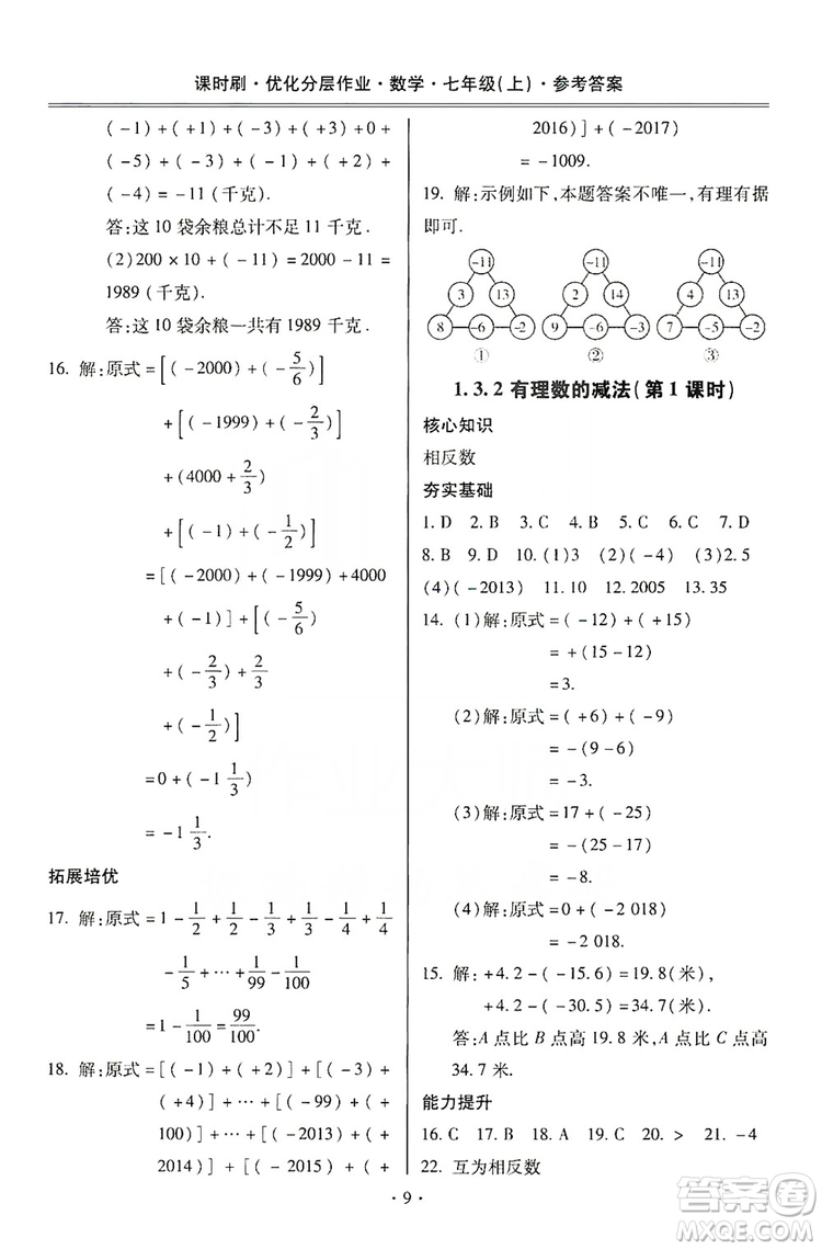 馳逐文化2019課時(shí)刷優(yōu)化分層作業(yè)7年級數(shù)學(xué)上冊答案