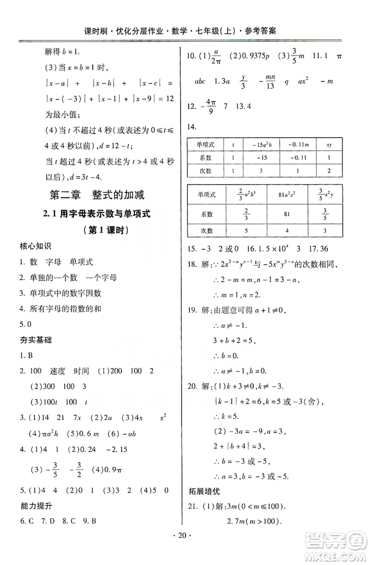 馳逐文化2019課時(shí)刷優(yōu)化分層作業(yè)7年級數(shù)學(xué)上冊答案