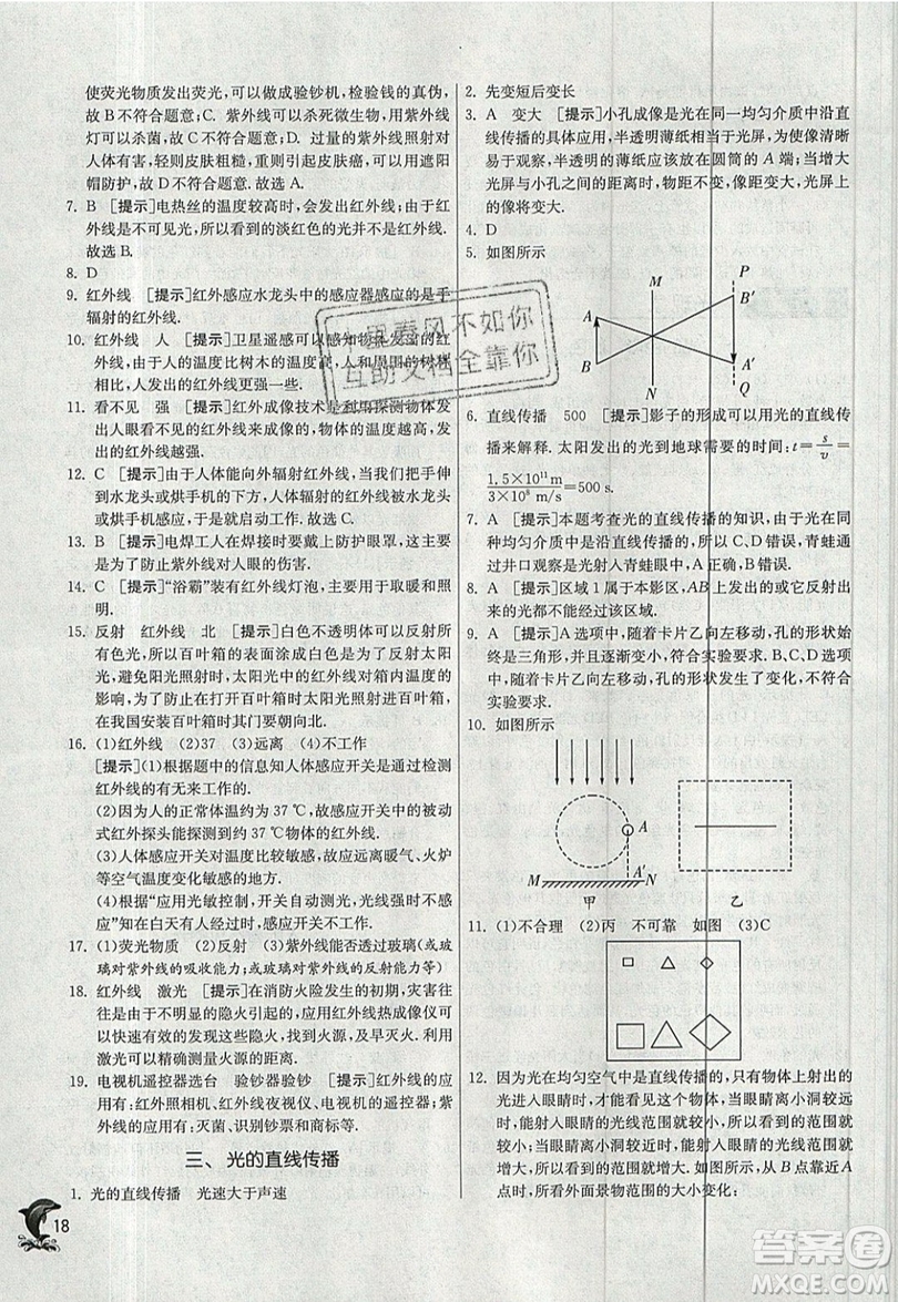 江蘇人民出版社春雨教育2019秋實驗班提優(yōu)訓練八年級物理上冊JSKJ蘇教版參考答案