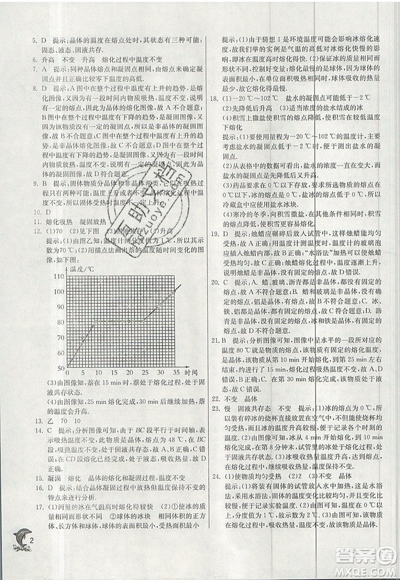 江蘇人民出版社春雨教育2019秋實驗班提優(yōu)訓練八年級物理上冊BSD北師大版參考答案