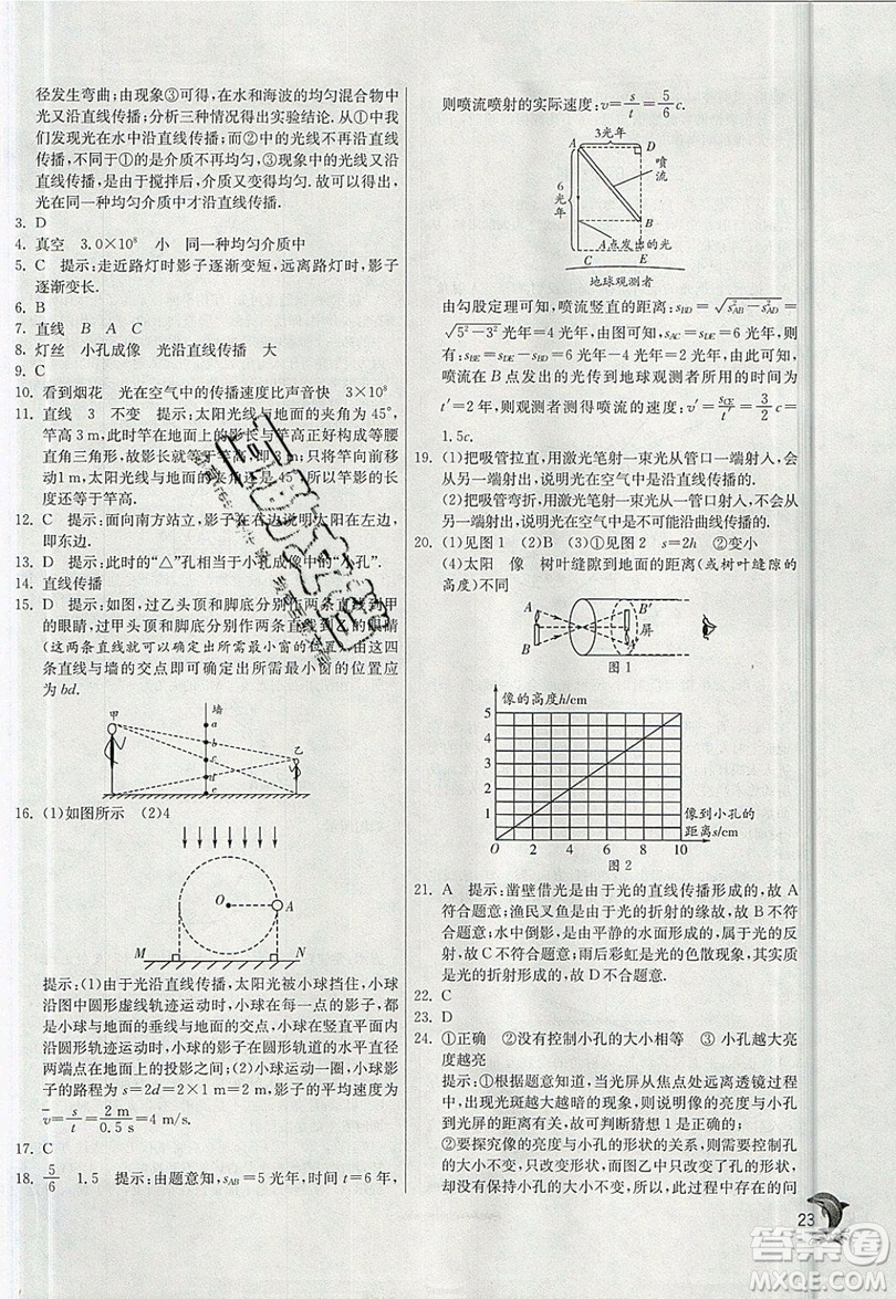 江蘇人民出版社春雨教育2019秋實驗班提優(yōu)訓練八年級物理上冊BSD北師大版參考答案