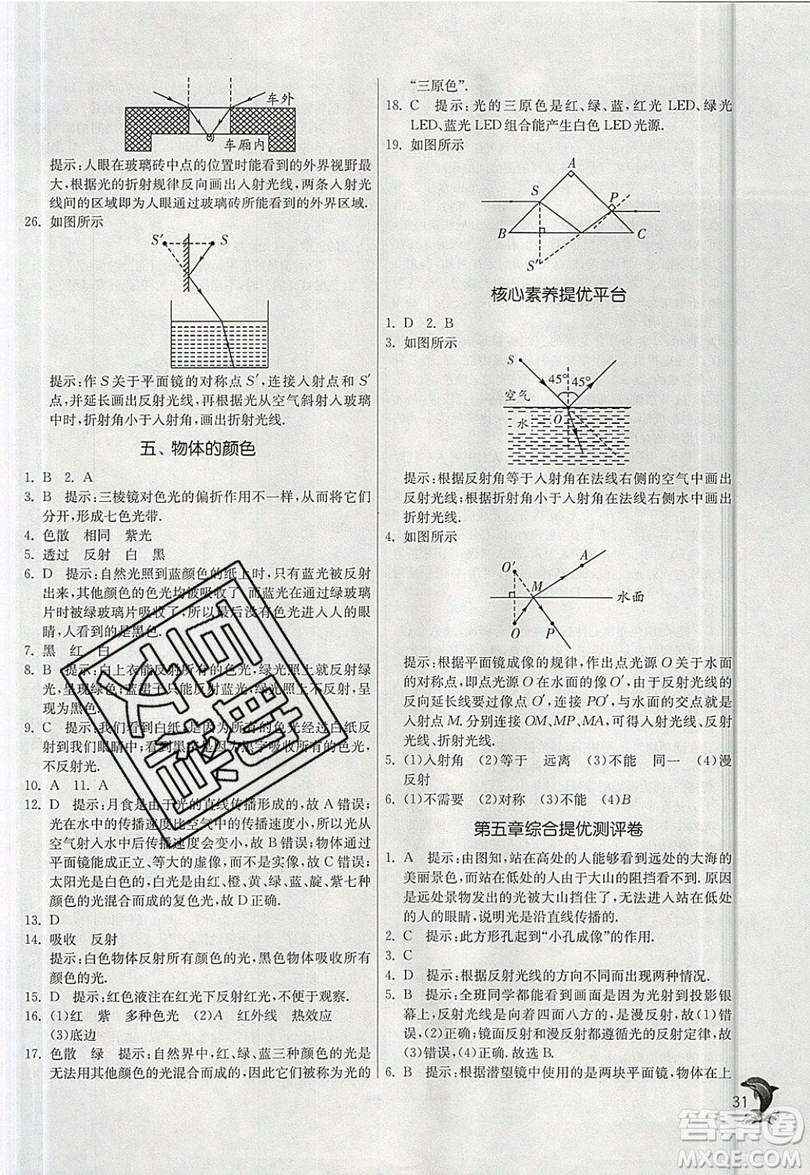 江蘇人民出版社春雨教育2019秋實驗班提優(yōu)訓練八年級物理上冊BSD北師大版參考答案