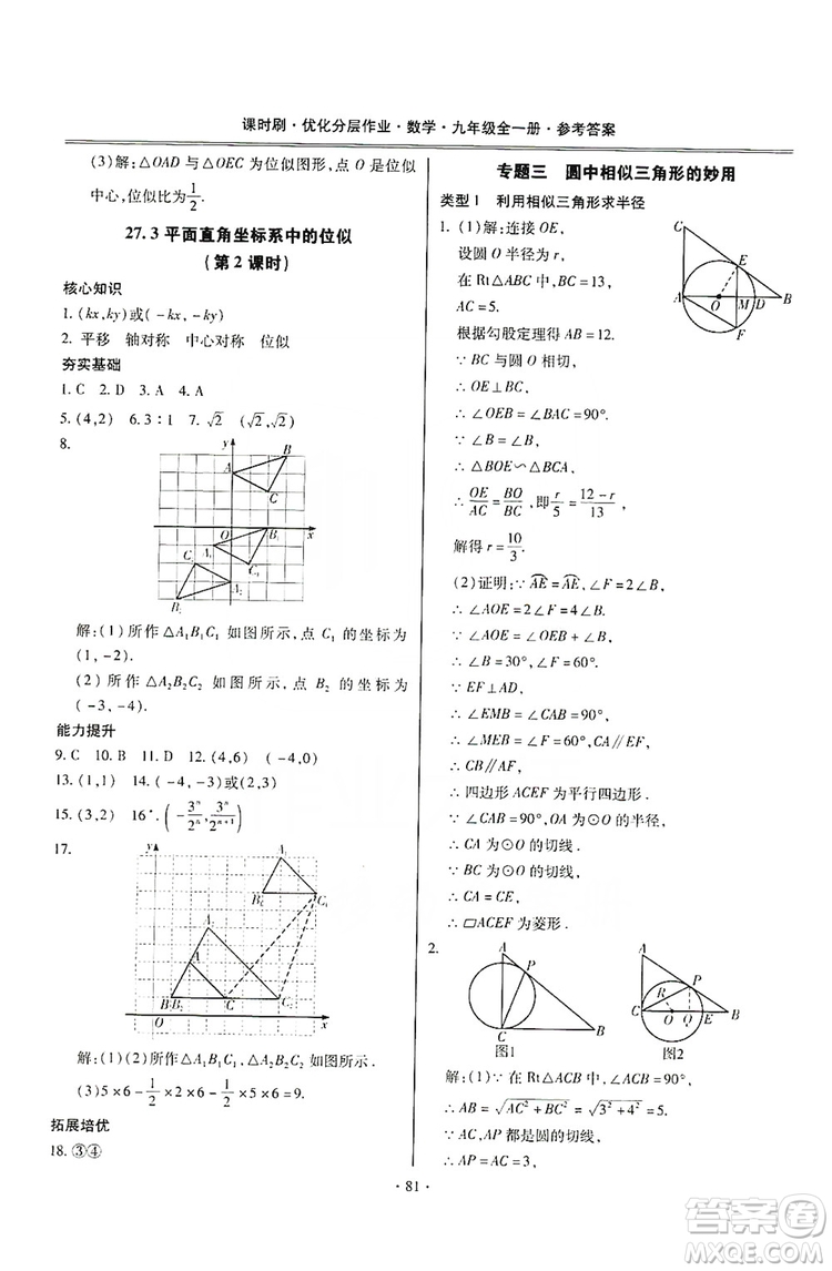 馳逐文化2019課時刷優(yōu)化分層作業(yè)九年級數(shù)學(xué)全一冊答案