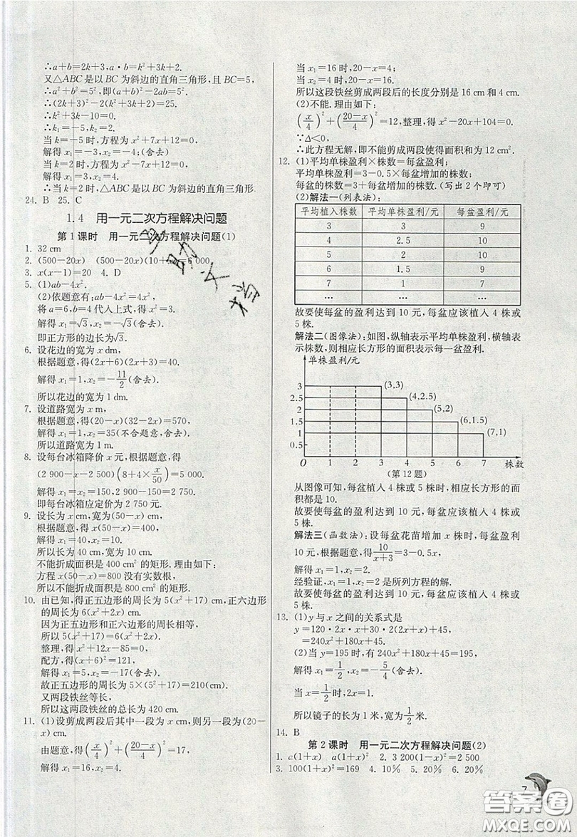 江蘇人民出版社春雨教育2019秋實驗班提優(yōu)訓(xùn)練九年級數(shù)學(xué)上冊JSKJ蘇科版參考答案