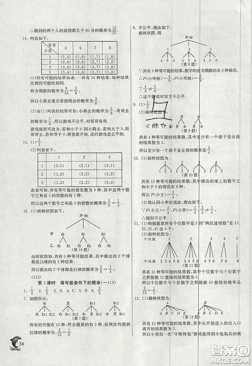 江蘇人民出版社春雨教育2019秋實驗班提優(yōu)訓(xùn)練九年級數(shù)學(xué)上冊JSKJ蘇科版參考答案