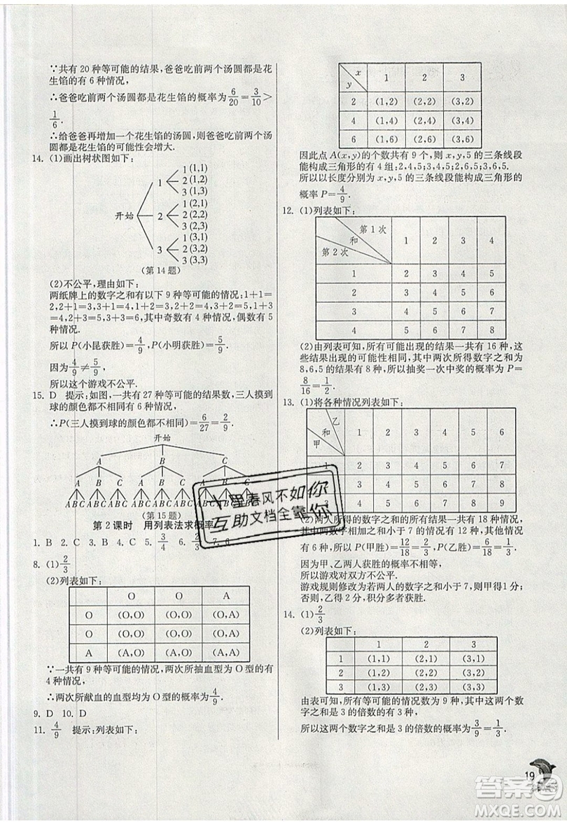 江蘇人民出版社春雨教育2019秋實(shí)驗(yàn)班提優(yōu)訓(xùn)練九年級(jí)數(shù)學(xué)上冊(cè)BSD北師大版參考答案