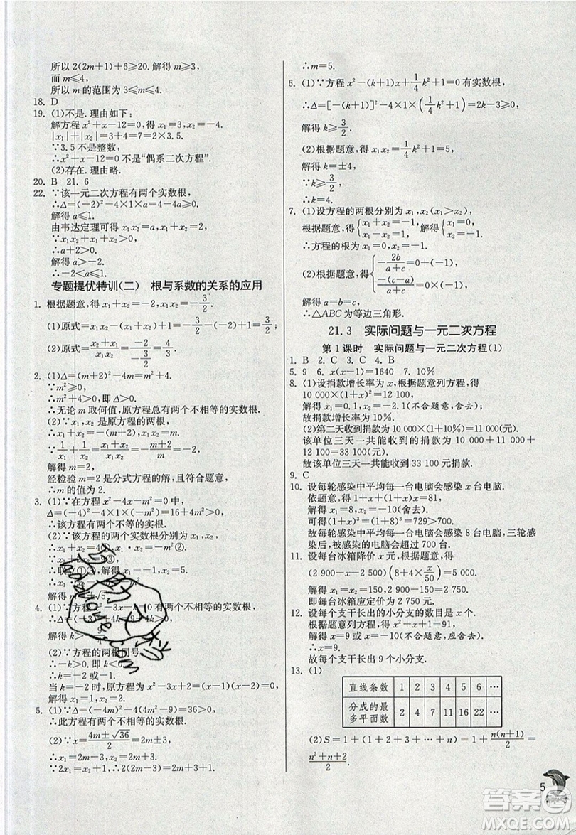 江蘇人民出版社春雨教育2019秋實驗班提優(yōu)訓練九年級數(shù)學上冊RMJY人教版參考答案