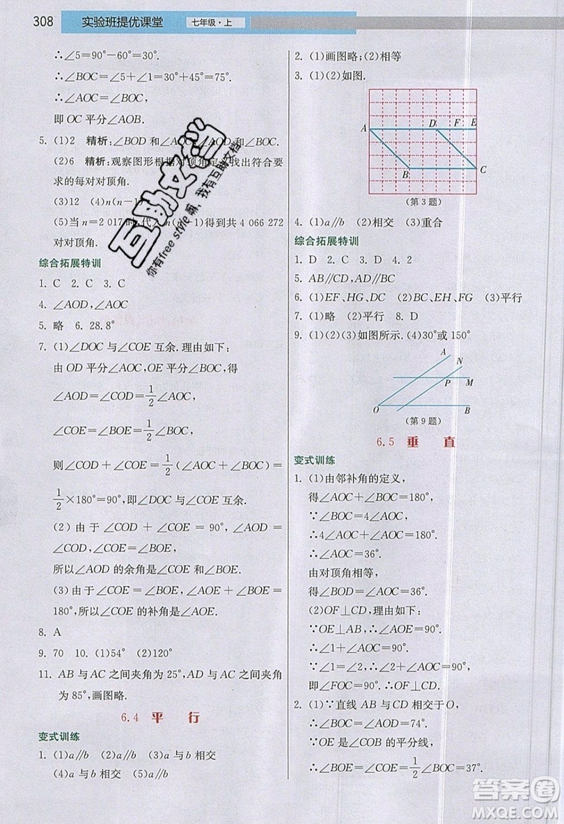 江蘇人民出版社2019春雨教育實驗班提優(yōu)課堂數學七年級上冊JSJY蘇科版參考答案