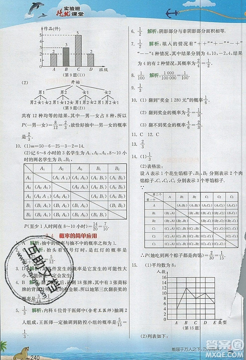 江蘇人民出版社2019春雨教育實(shí)驗(yàn)班提優(yōu)課堂數(shù)學(xué)九年級(jí)上冊(cè)ZJJY浙教版參考答案