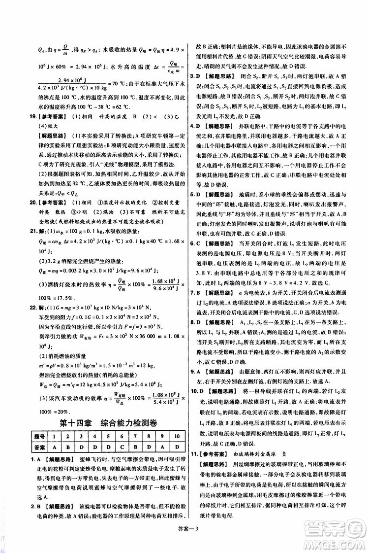 2020版一遍過(guò)單元綜合能力檢測(cè)卷九年級(jí)全一冊(cè)物理HK滬科版參考答案