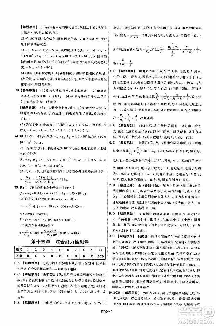 2020版一遍過(guò)單元綜合能力檢測(cè)卷九年級(jí)全一冊(cè)物理HK滬科版參考答案