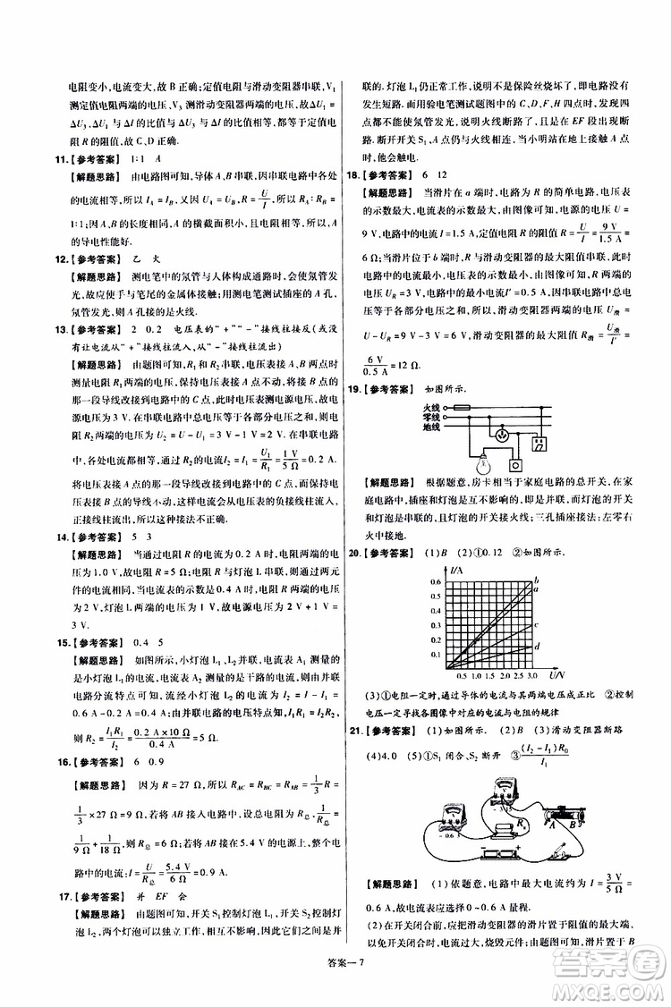 2020版一遍過(guò)單元綜合能力檢測(cè)卷九年級(jí)全一冊(cè)物理HK滬科版參考答案