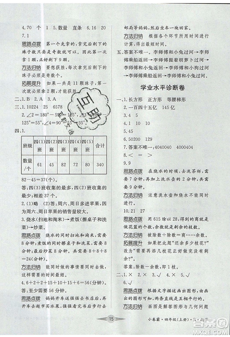 江西高校出版社2019金喵教育小卷霸四年級上冊數(shù)學(xué)參考答案