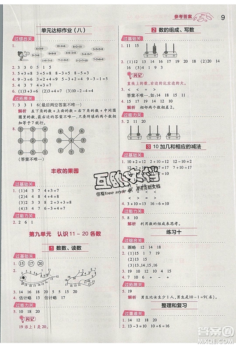 南京師范大學(xué)出版社天星教育2019一遍過小學(xué)數(shù)學(xué)一年級上冊蘇教SJ版參考答案