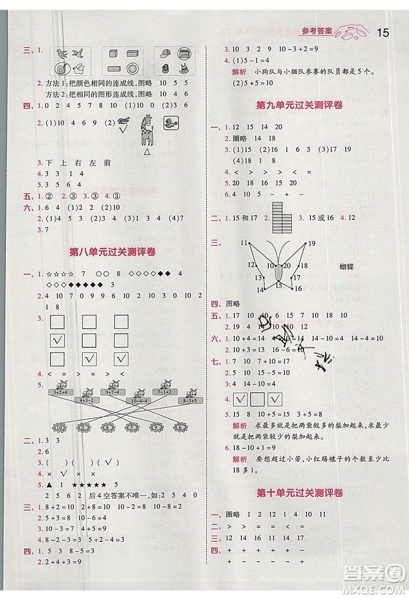 南京師范大學(xué)出版社天星教育2019一遍過小學(xué)數(shù)學(xué)一年級上冊蘇教SJ版參考答案