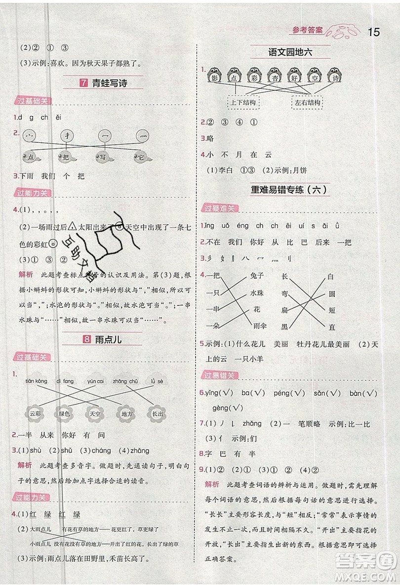 南京師范大學(xué)出版社天星教育2019一遍過(guò)小學(xué)語(yǔ)文一年級(jí)上冊(cè)人教RJ版參考答案