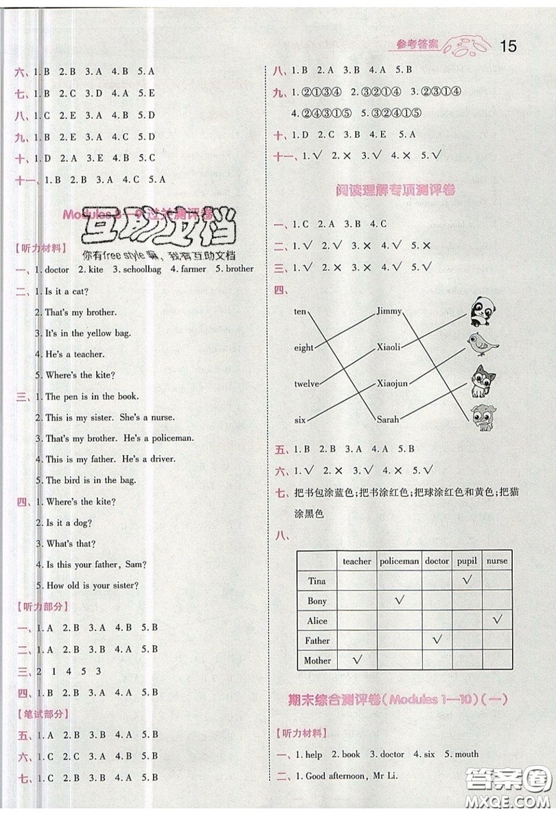 南京師范大學出版社天星教育2019一遍過小學英語三年級上冊WY外研版參考答案