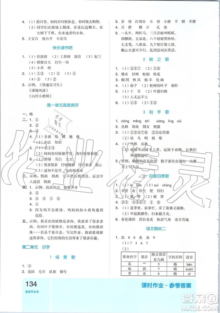 2019新版全品作業(yè)本二年級(jí)語(yǔ)文上冊(cè)RJ部編人教版參考答案