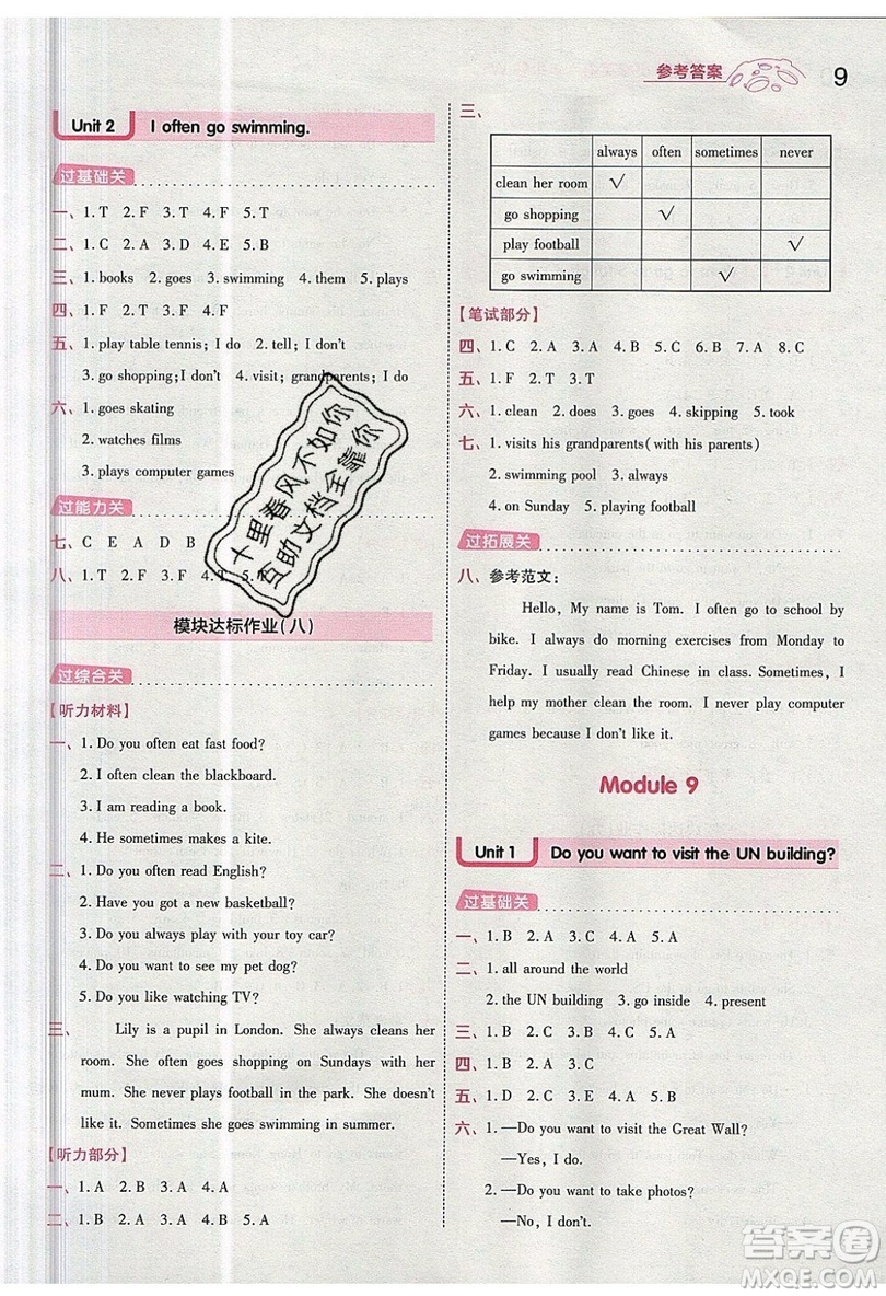 南京師范大學出版社天星教育2019一遍過小學英語六年級上冊WY外研版參考答案