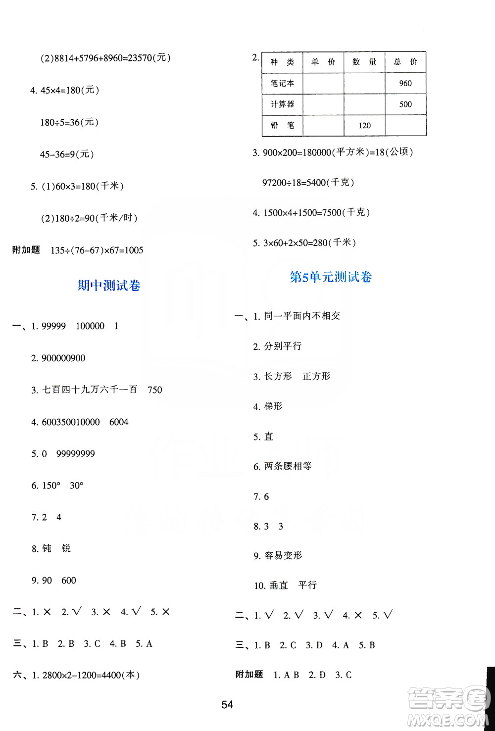 陜西人民教育出版社2019新課程學(xué)習(xí)與評價四年級數(shù)學(xué)上冊A版答案