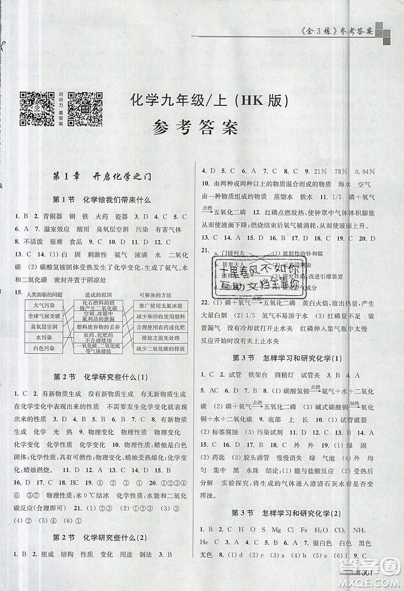 東南大學(xué)出版社2019新版金3練化學(xué)九年級(jí)上冊HK滬科版參考答案