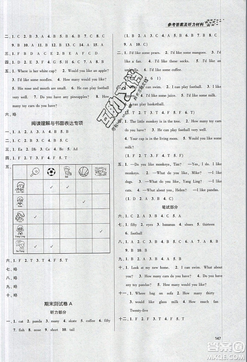 2019秋金3練課堂作業(yè)實(shí)驗(yàn)提高訓(xùn)練英語(yǔ)四年級(jí)上冊(cè)新課標(biāo)江蘇版參考答案