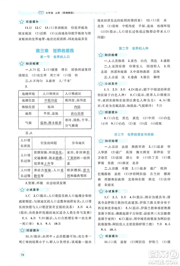 2019新課程學(xué)習(xí)與測評同步學(xué)習(xí)七年級地理上冊湘教版答案