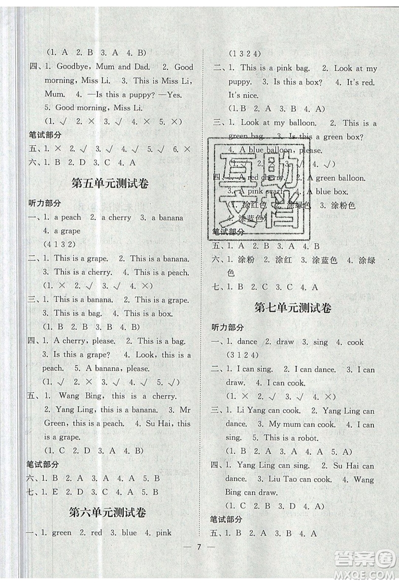 江蘇鳳凰美術(shù)出版社2019課時(shí)金練英語(yǔ)一年級(jí)上1A江蘇版參考答案