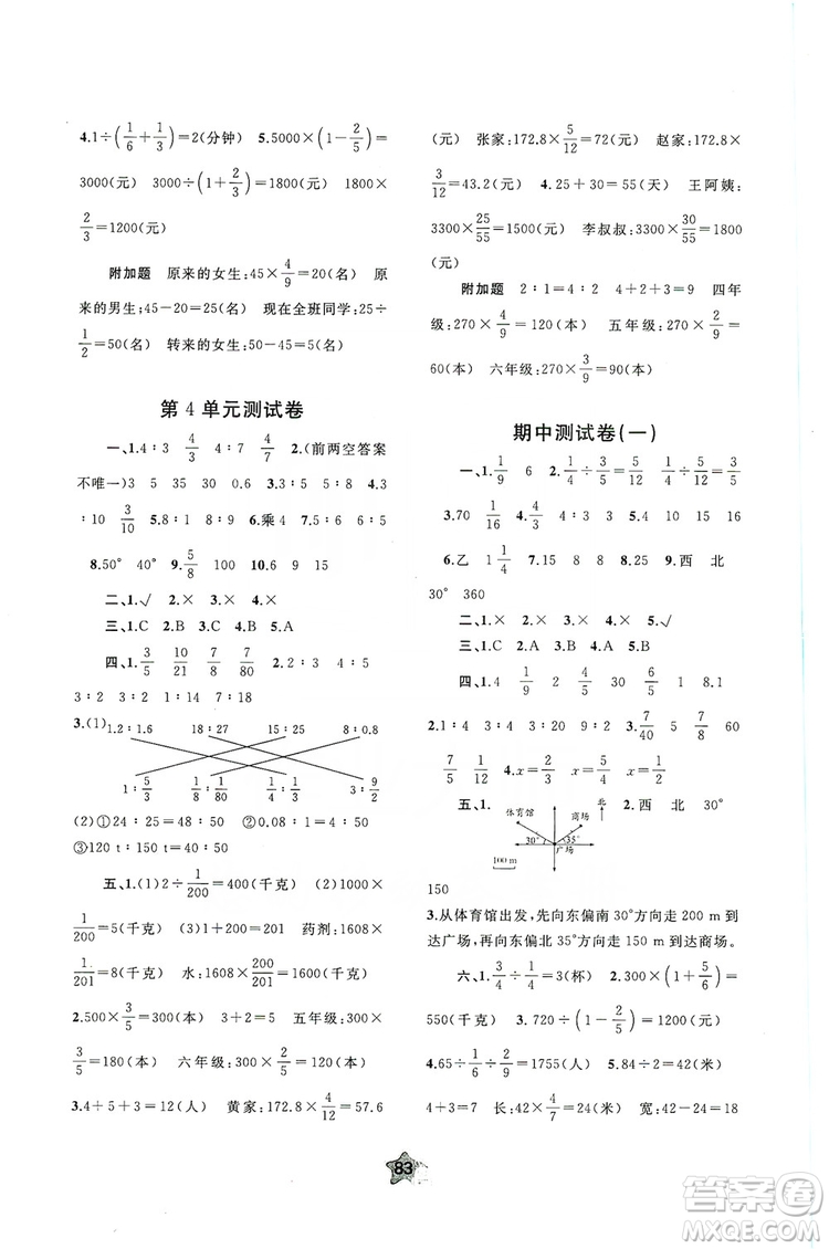 2019小學(xué)新課程學(xué)習(xí)與測評單元雙測六年級數(shù)學(xué)上冊A版答案