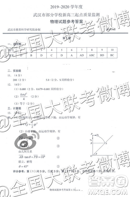 2020屆武漢市高三九月調(diào)考新高三起點質(zhì)量監(jiān)測物理答案