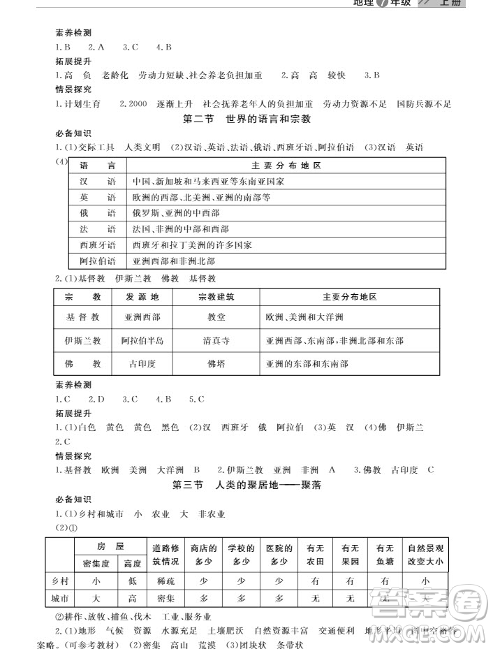 武漢出版社2019智慧學習課堂作業(yè)地理七年級上冊答案