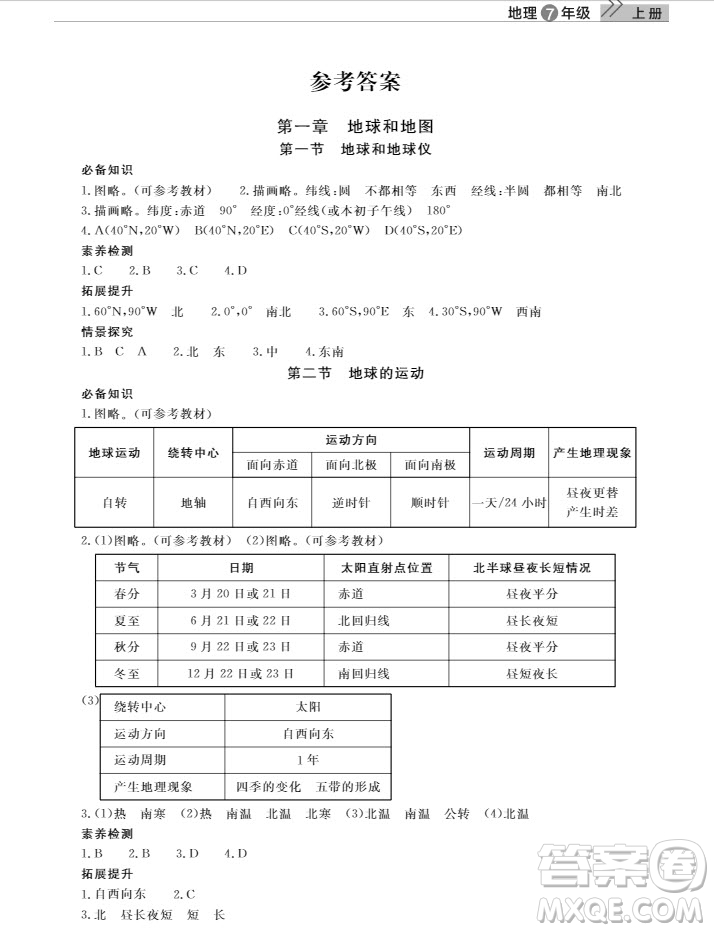 武漢出版社2019智慧學習課堂作業(yè)地理七年級上冊答案