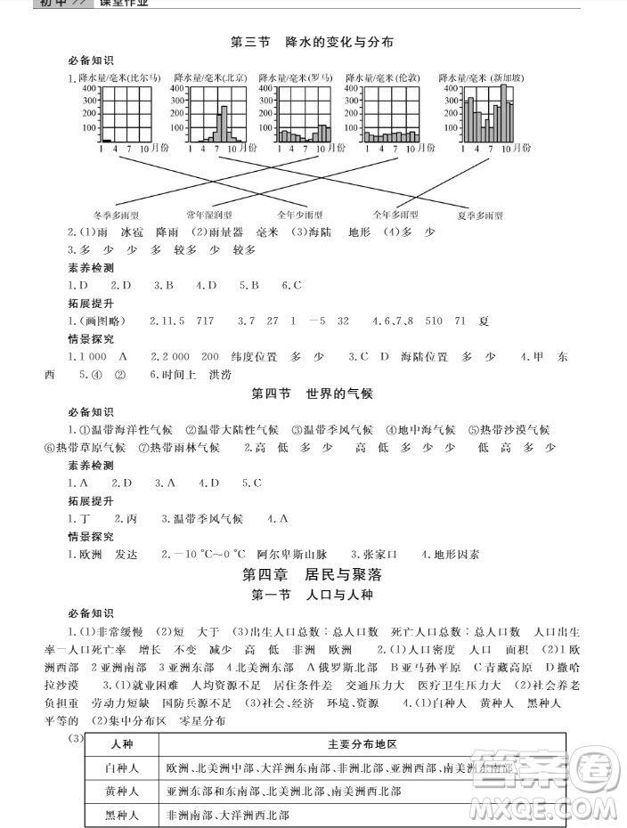 武漢出版社2019智慧學習課堂作業(yè)地理七年級上冊答案