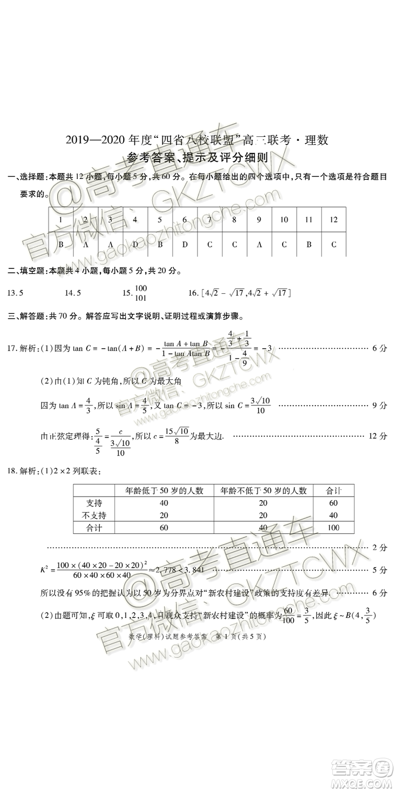 2020屆四省八校聯(lián)盟高三聯(lián)考理數(shù)參考答案