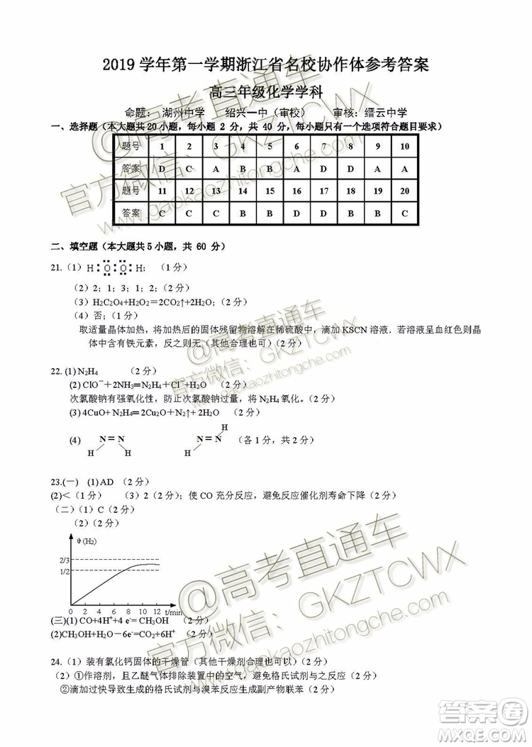 2020屆浙江名校協(xié)作體高三年級(jí)物理化學(xué)試題及答案