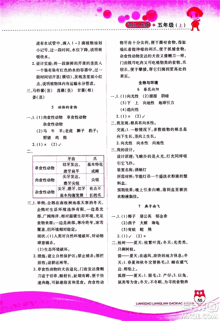 2019年新課標(biāo)兩導(dǎo)兩練高效學(xué)案科學(xué)五年級上冊河北人民版參考答案