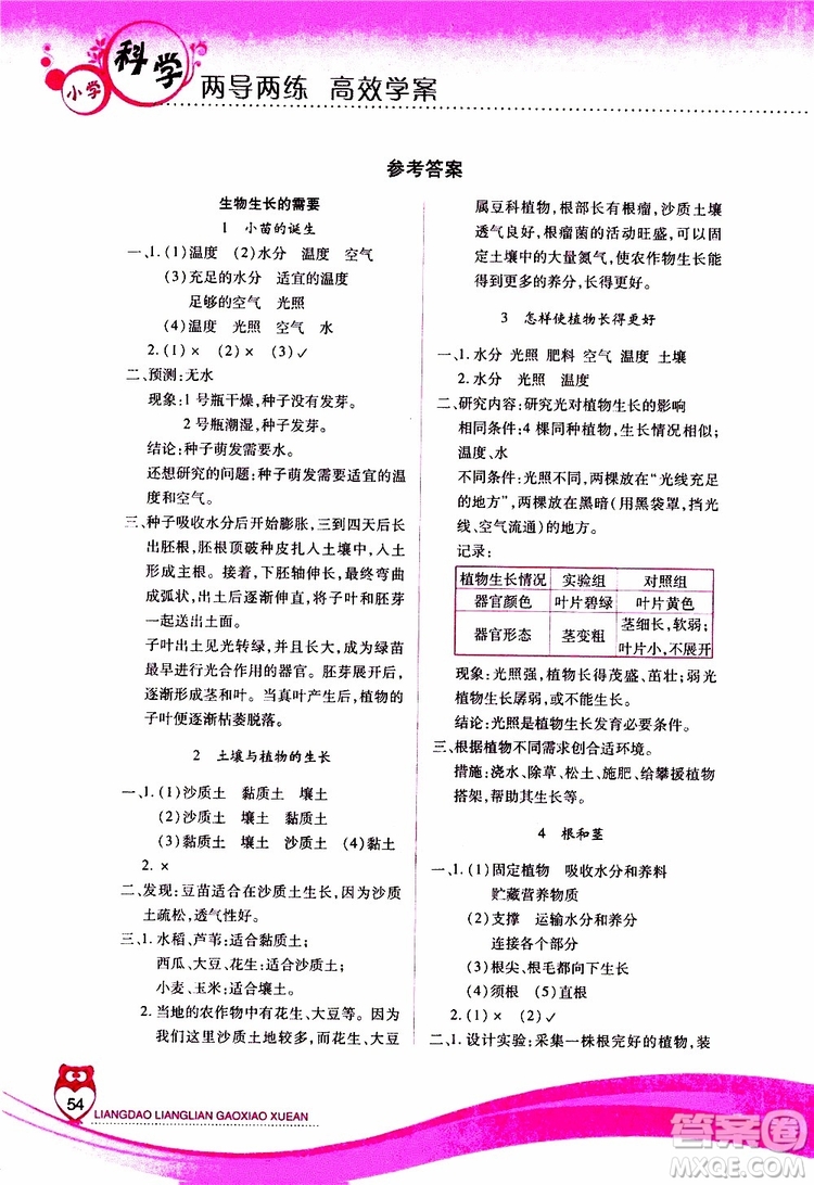 2019年新課標(biāo)兩導(dǎo)兩練高效學(xué)案科學(xué)五年級上冊河北人民版參考答案