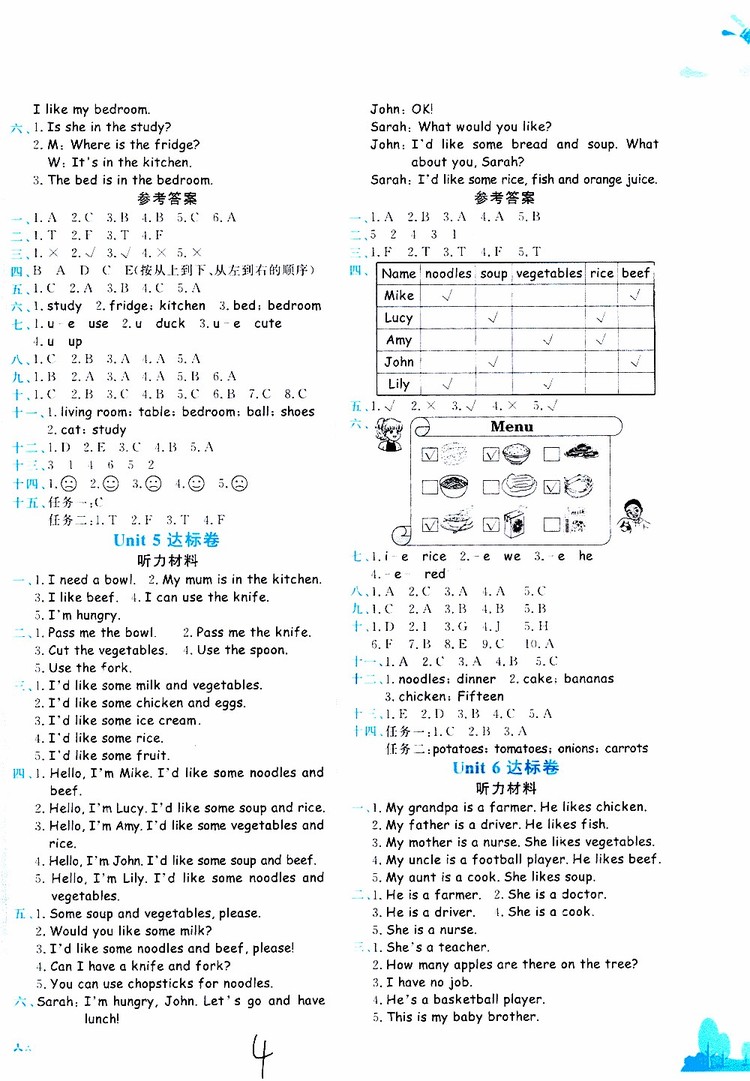 2019秋新版黃岡小狀元達(dá)標(biāo)卷英語(yǔ)四年級(jí)上冊(cè)RP人教版參考答案