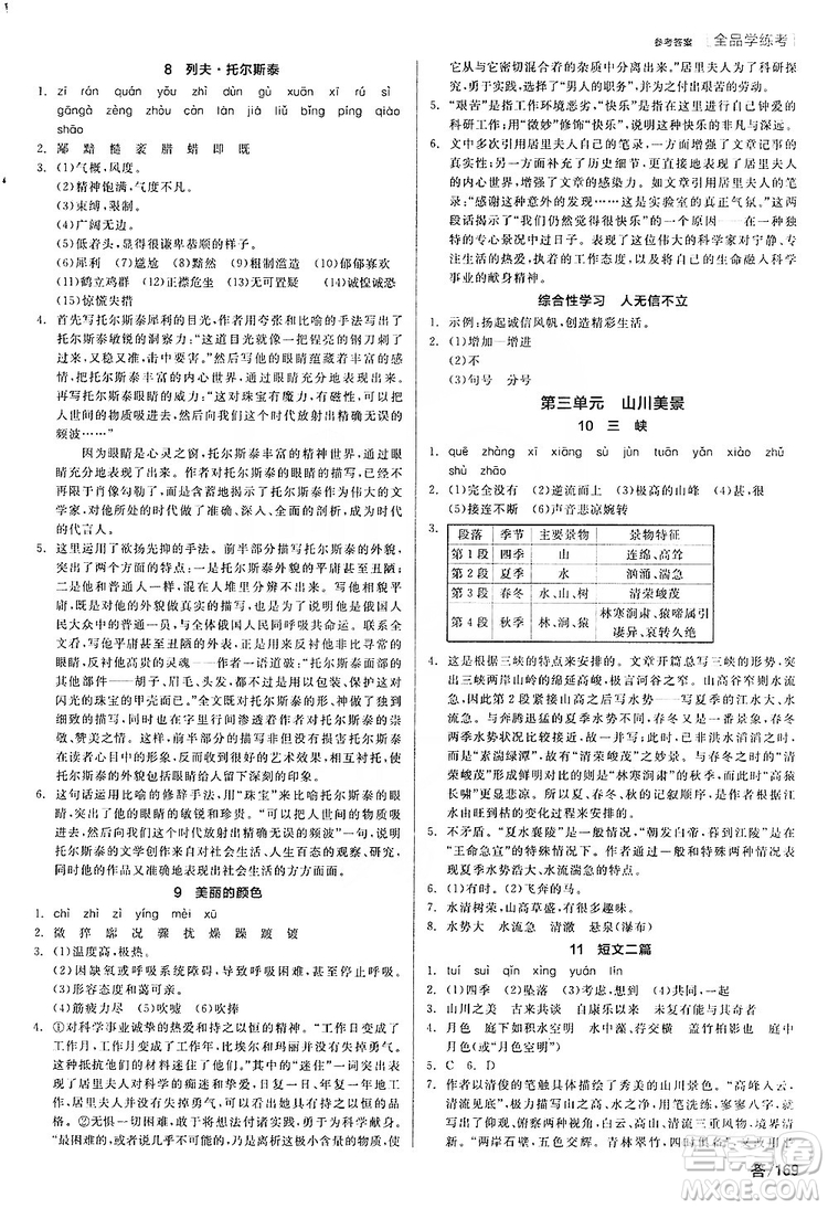 陽光出版社2019全品學練考聽課手冊8年級上冊語文人教版答案